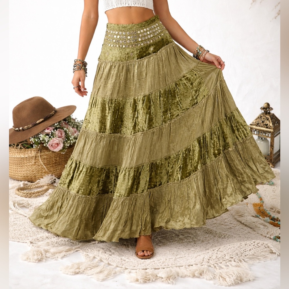 TOKYO DENIM Boho Gypsy Western Velour Velvet Ruffle Maxi Skirt Khaki Green Small